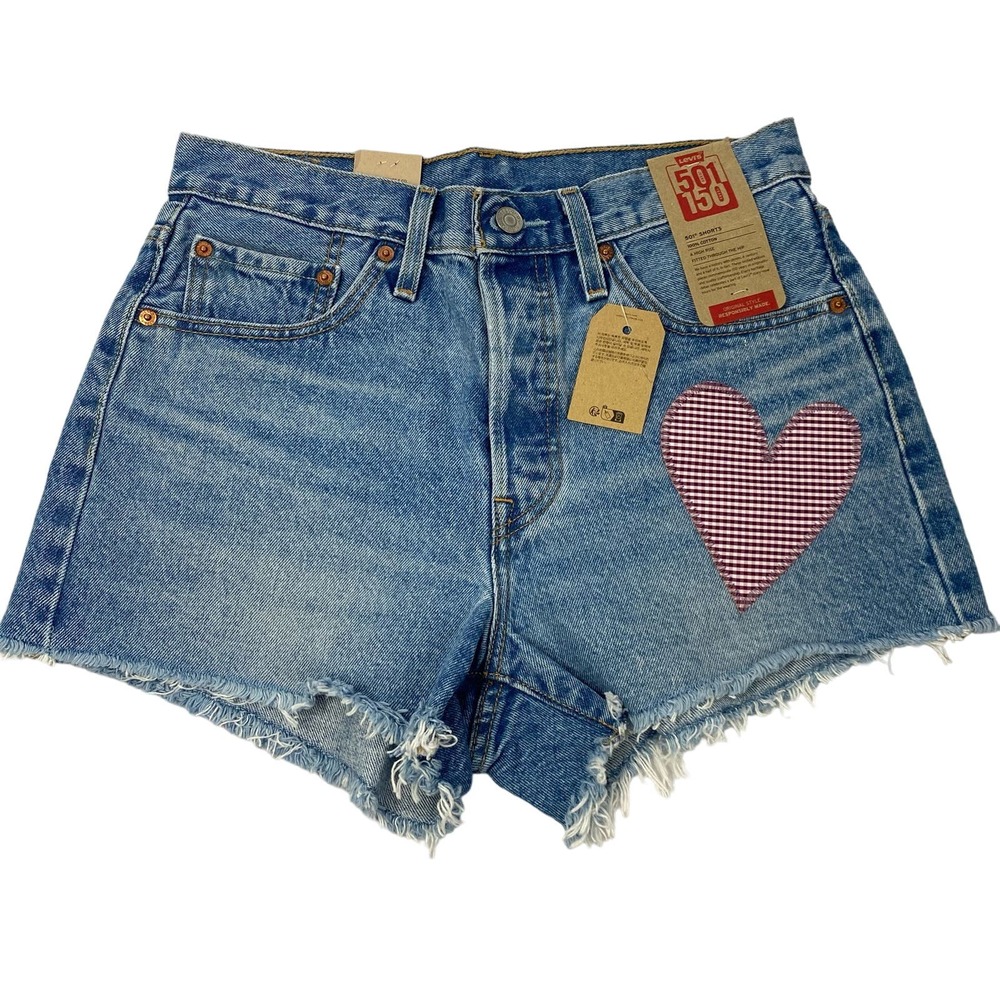 Levi's 501 High Rise Women's Denim Shorts Gingham Heart Patch Size 27 Frayed Hem